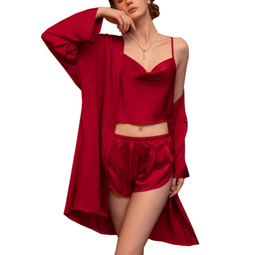 Red Satin 3 Piece Robe Set with Cami and Shorts for Women