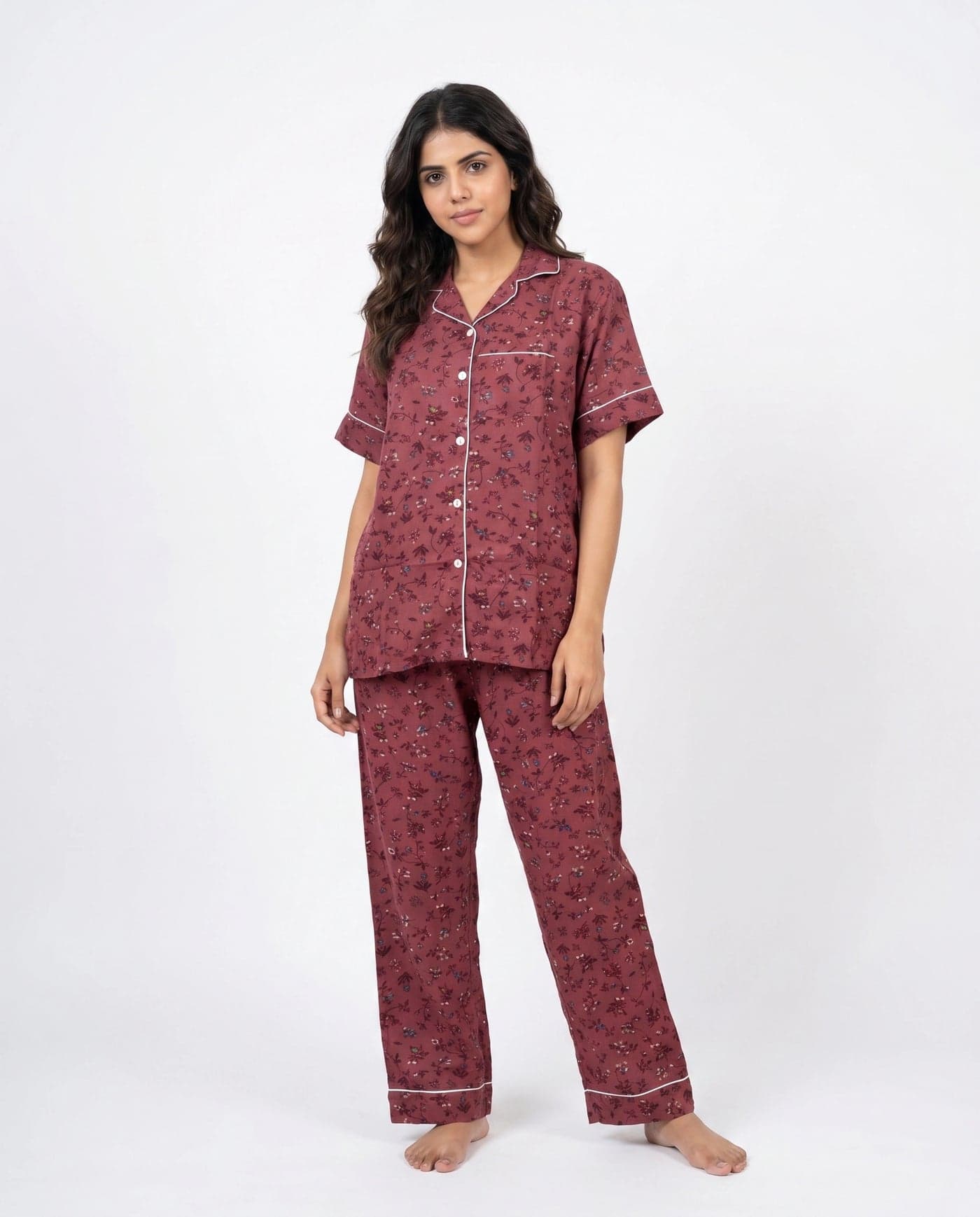 Maroon Floral Linen PJ Set for Women