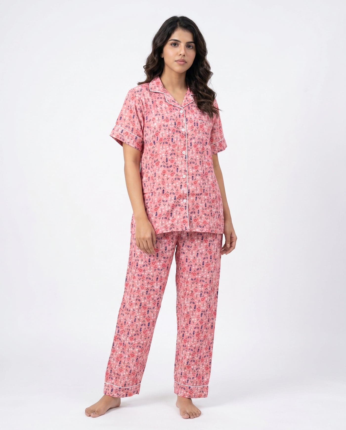 Pink and Dark Pink Floral Linen PJ Set for Women