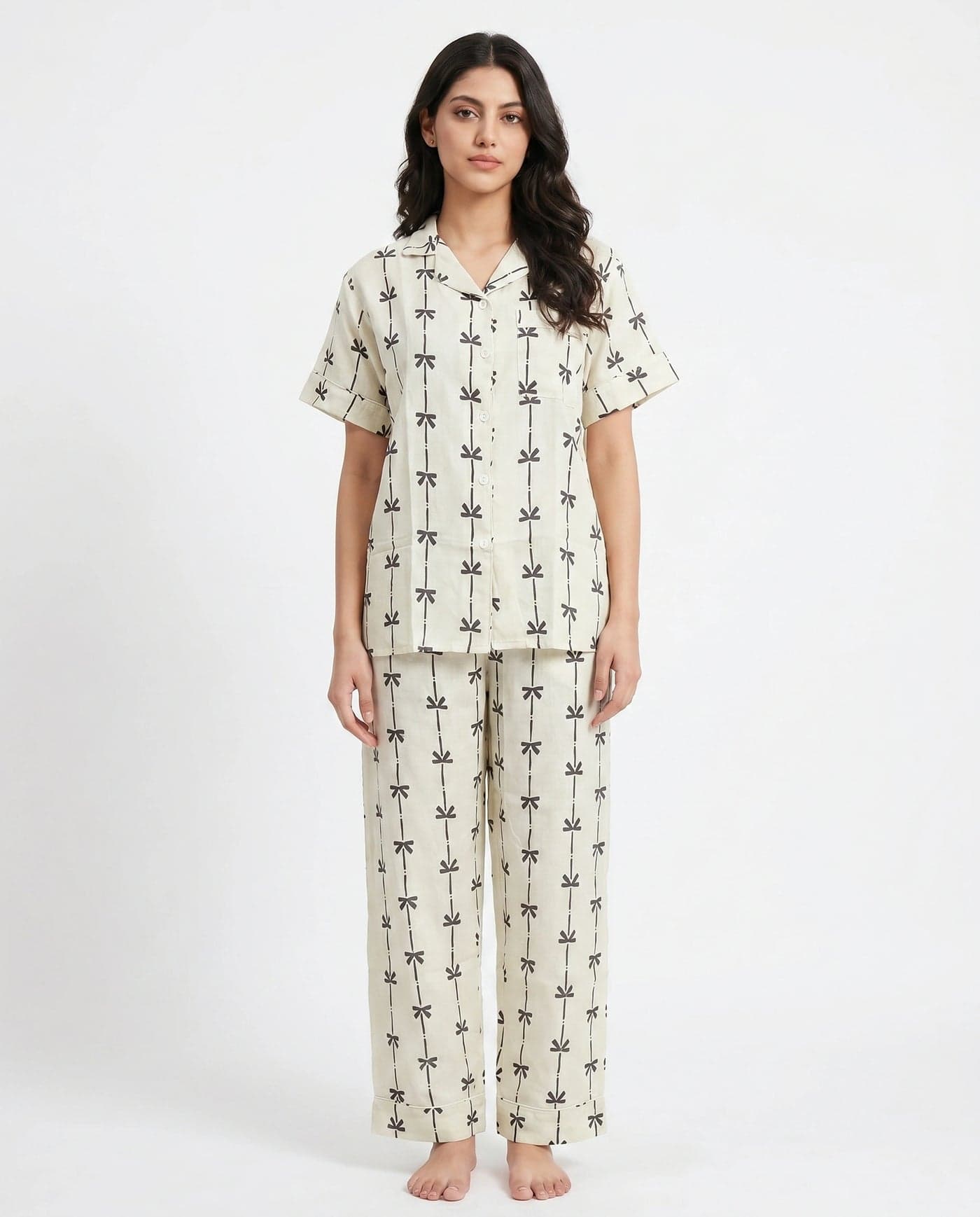 Cream Bow Print Linen PJ Set for Women