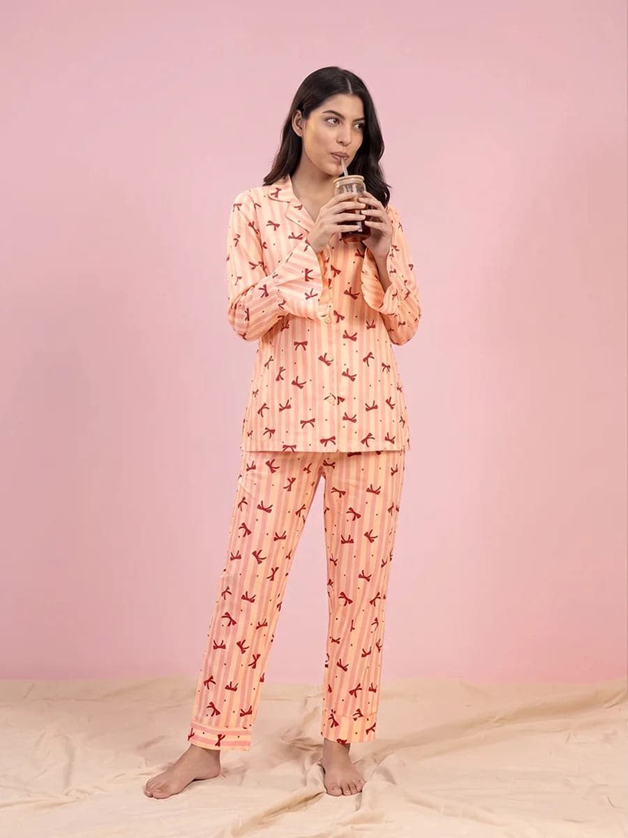 Peach Bow Striped Linen PJ Set for Women