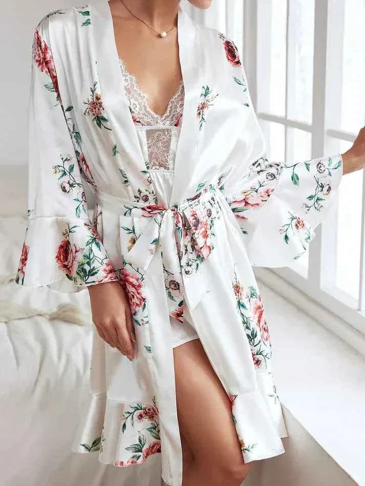White Floral Satin Nighty with Robe for Women