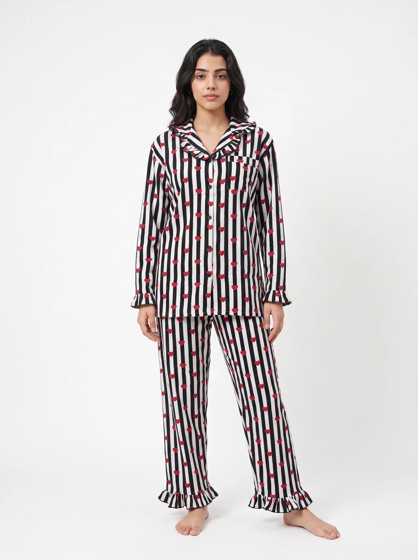 Black Heart Striped Linen PJ Set for Women