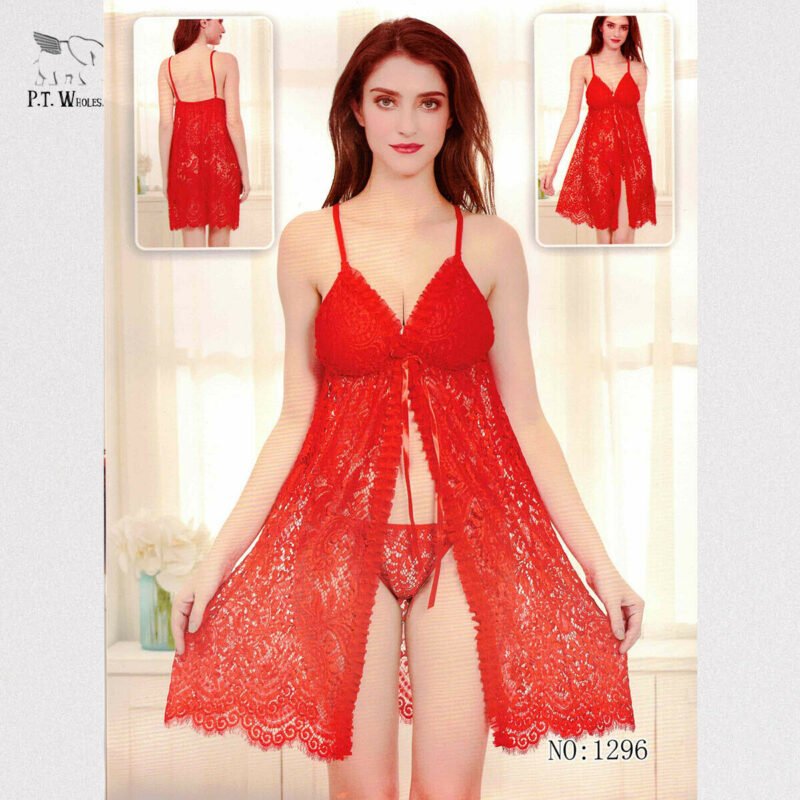 Front Open Short Laced Net Babydoll Nighty With Panty For Women