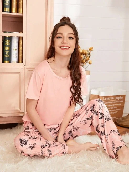 Baby Pink With Butterfly Printed Pajama