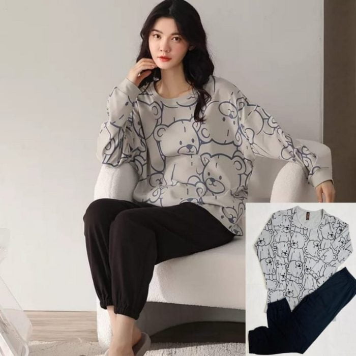 2 Pcs Grey Bear New Printed Ladies Sleep Wear Pajama Set (Shirt Trouser) Night Suit For Women. PJs by nightydress.pk