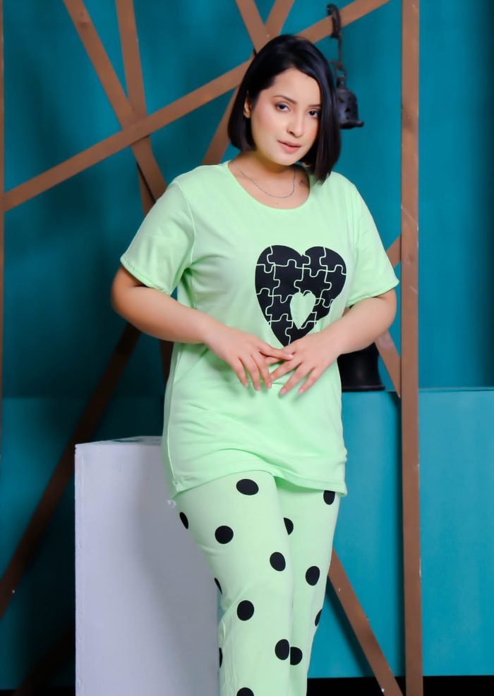 2 Pcs New Light Green Heart Printed Ladies Sleep Wear Night Dress For Women and Girls PJs by nightydress.pk