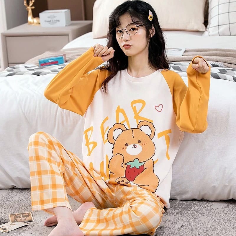 Yellow Bear Printed Shirt Trouser Night Dress For Girls - NightyDress