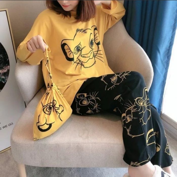 Yellow and Black Lion Full Sleeves Printed Pajama Night Suit For Women