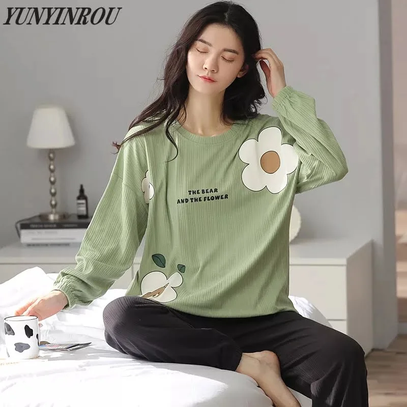Cute Flower Printing Women Long Sleeve Pajamas Sleepwear Night Suits