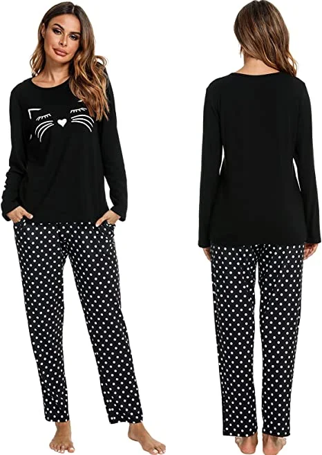 2 Pcs Meow Printed Pajama Set (Shirt Trouser) Night Suit For Women. PJs by nightydress.pk