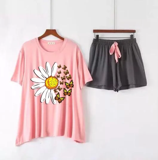 Half Sleeve & Short Apring Soft Cotton Women Intimate Sleepwear | Loose Daisy Plus Butterfly Print (Pink With Dark Grey)