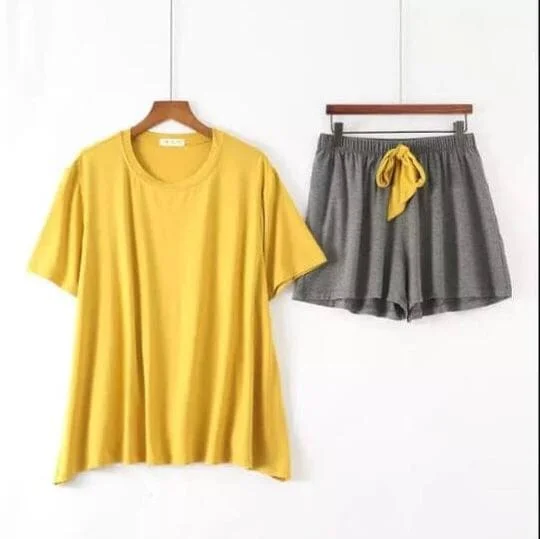 Half Sleeve & Short Apring Soft Cotton Women Intimate Sleepwear (Yellow With Dark Grey)