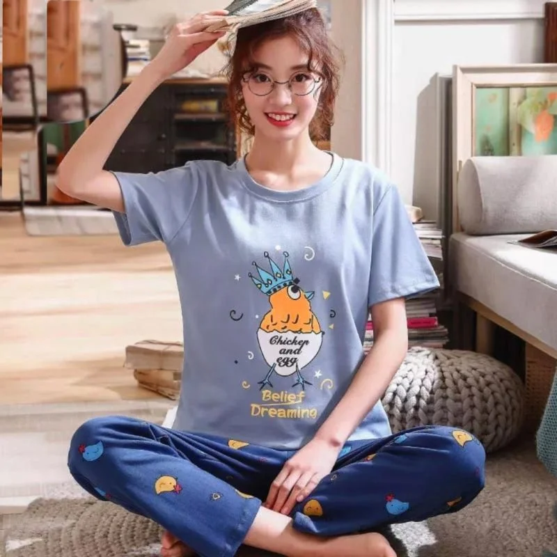 Printed light Blue Chicken and Egg Design Sleep Wear With Half Sleeves T-Shirt and Pajama Night Suit For Women