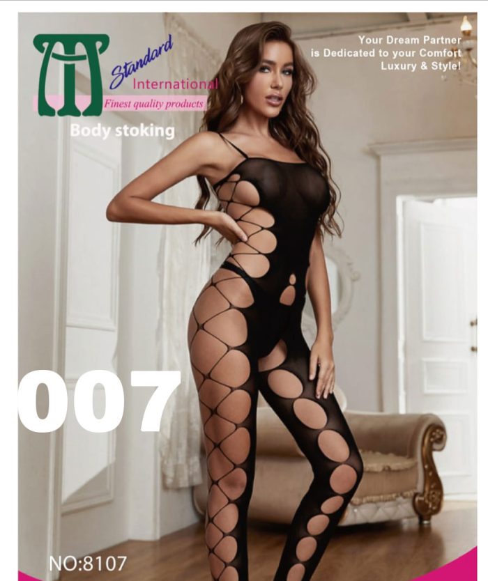 Black full-body, backless stocking for women styled to resemble fishnet, made from 100% comfortable and breathable material.