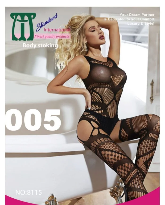 Black full-body stocking for women made from fishnet material.