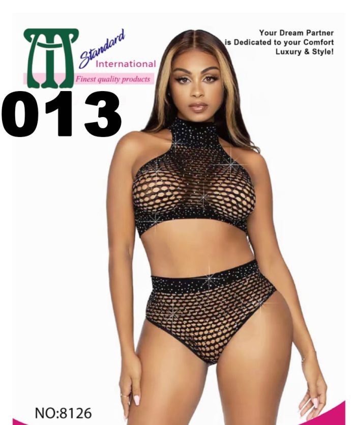 Black half-body stocking for women, designed to mimic a bra and panty set, featuring a full neck made in a fishnet style.
