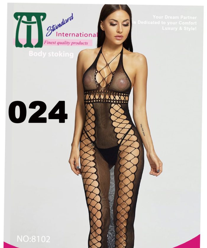 Black full-body stocking for women in a gown style, made from fishnet material.