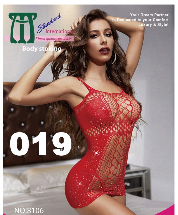 Red half-body fishnet stocking for women with a round neck design.