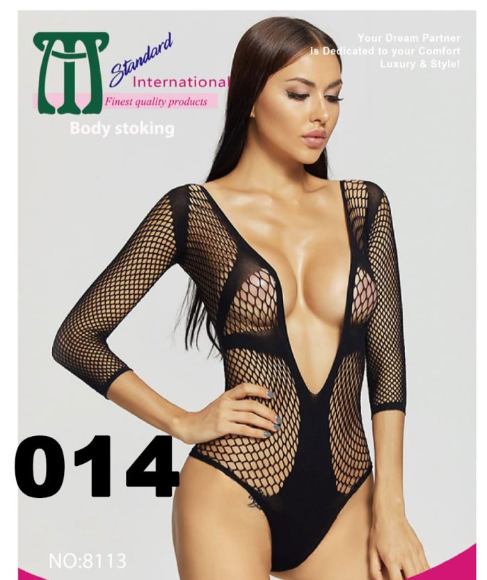 Black half-body stocking for women in romper style, featuring a V-neck design made to resemble fishnet.