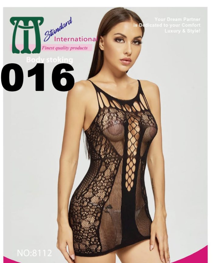 Black half-body stocking for women in a nighty style, featuring a small-net material with a fishnet front design.