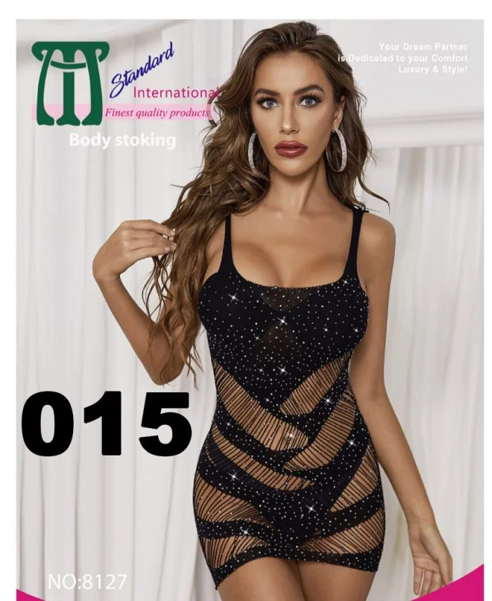 Black half-body stocking for women featuring an open neck and sparkling design elements.