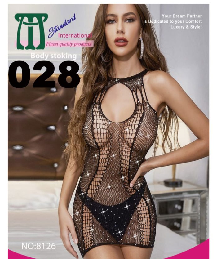 Black half-body stocking for women made of small-net material, adorned with white pearls.