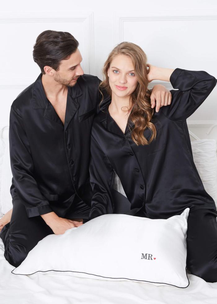 Black Silk Couple Pajamas With Matching Piping Ultimate Comfort and Style by nightydress.pk