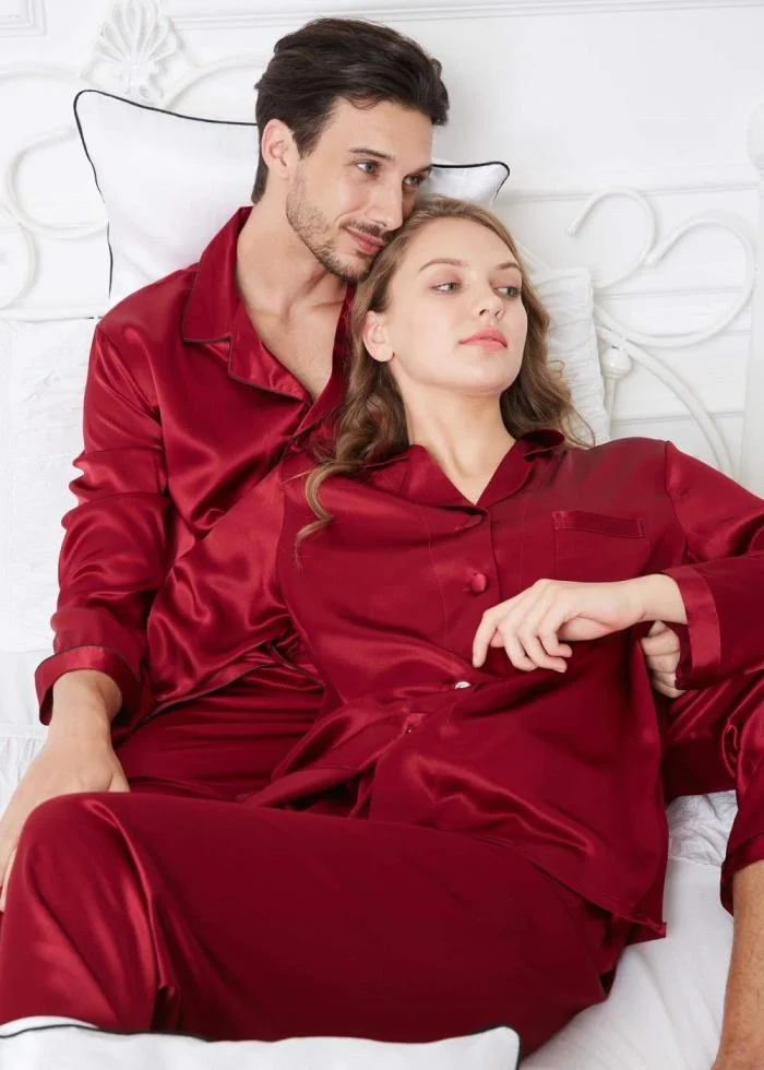 Red Silk Couple Pajamas With Matching Piping Ultimate Comfort and Style by nightydress.pk