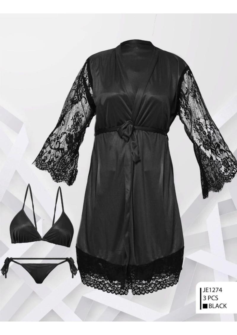 3 pcs black silk night gown for ladies