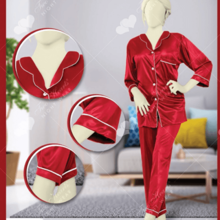 2-Piece Satin Silk Long Nighty Set with Collar in pakistan by nightydress.pk