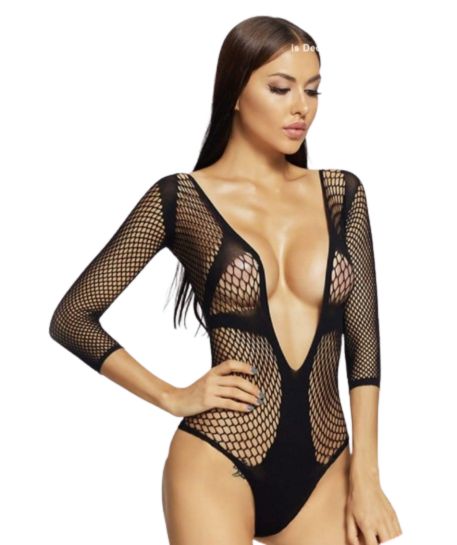 Fish Net V Neck Romple Style Half Body Black Stocking For Women by nightydress.pk