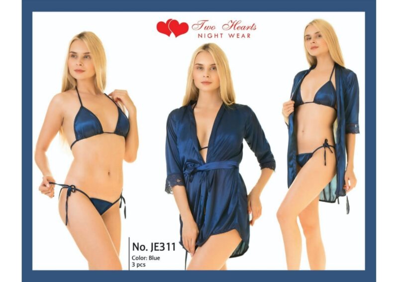 3 Pcs Short Silk Gown with Bikini Set by nightydress.pk