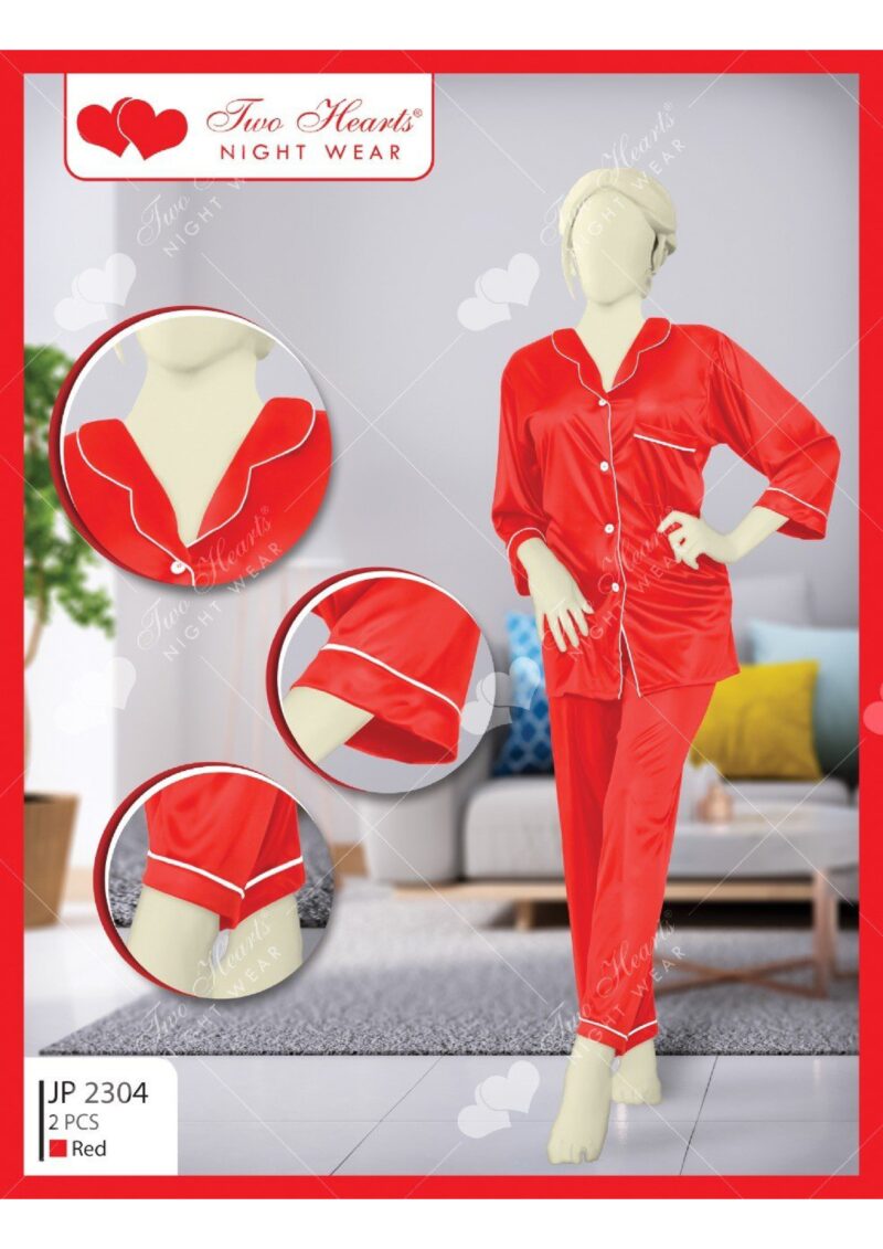 Women's 2 Pcs Soft Satin Silk Nightwear-Red by nightydress.pk