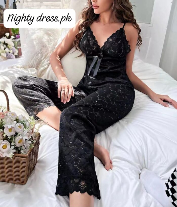 Spaghetti Strap V-Neck with Open Back and Wide Design Nightwear by nightydress.pk