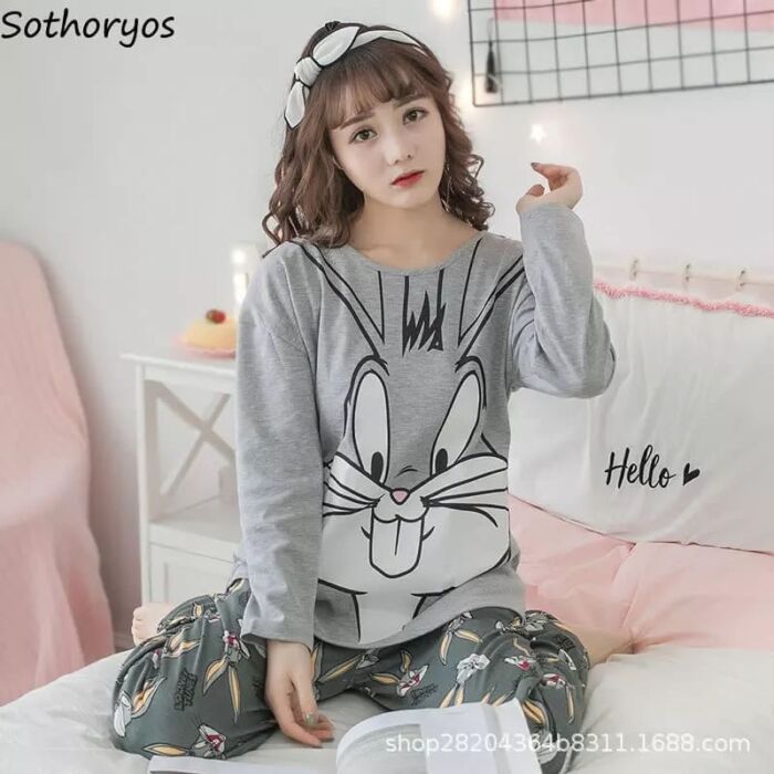 Buggs Bunny Contrast Print PJ Set in Hazzle Grey nightydress.pk