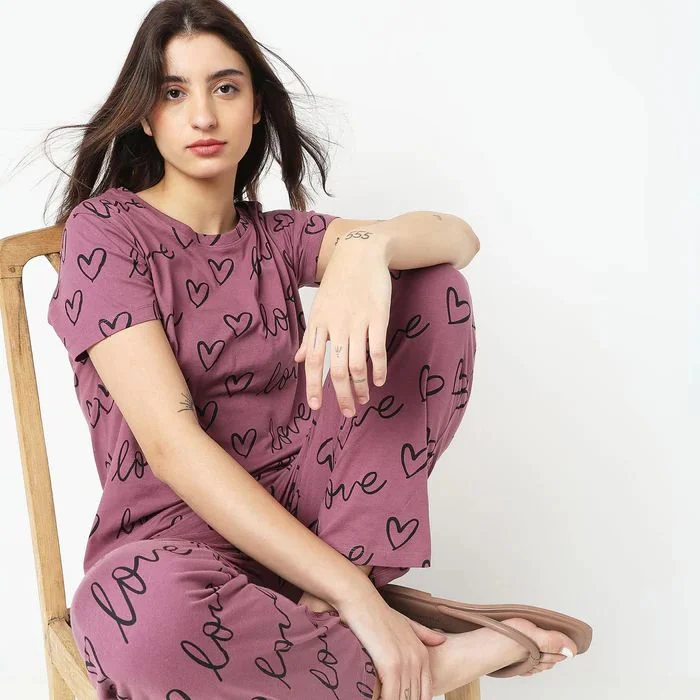 Heart's Printed Regular Fit Pajama Sets by nightydress.pk