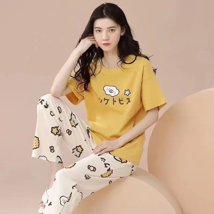 Cute Cartoon Printed Yellow Pajama Set for Women by nightydress.pk