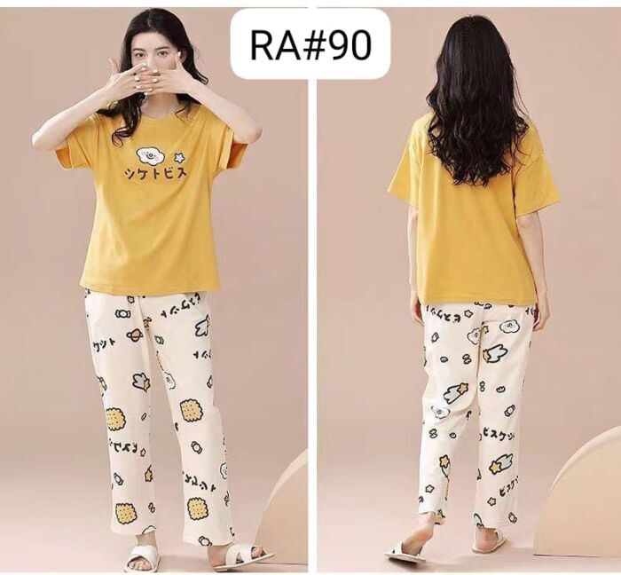 Cute Cartoon Printed Yellow Pajama Set for Women by nightydress.pk