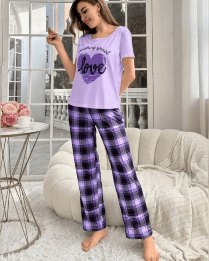 2 Pcs Purple Love Hearts Printed Pajama Set (Shirt Trouser) Night Suit For Women. PJs by nightydress.pk