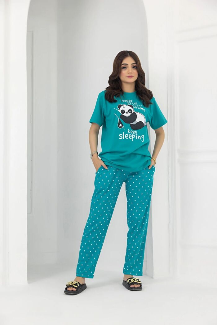 2 Pcs Cute Panda Printed Pajama Set (Shirt Trouser) Night Suit For Women. PJs by nightydress.pk