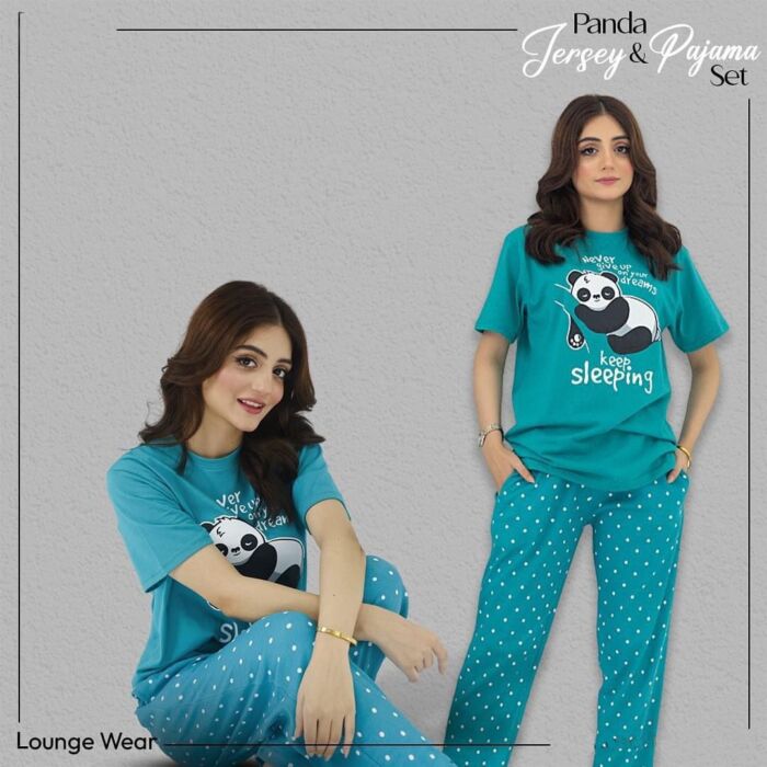 2 Pcs Cute Panda Printed Pajama Set (Shirt Trouser) Night Suit For Women. PJs by nightydress.pk