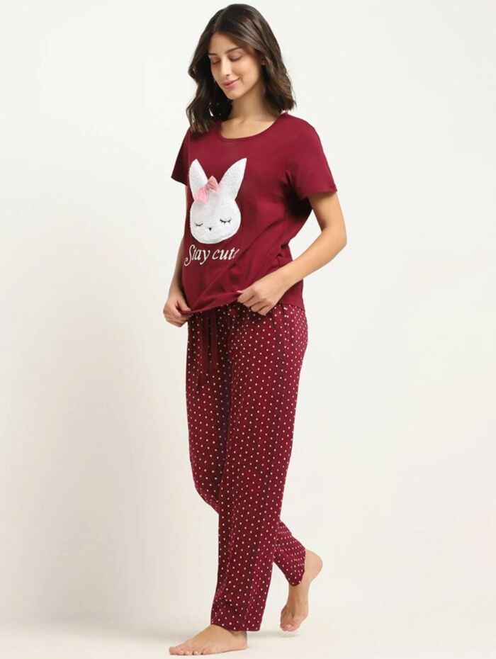 2 Pcs Maroon Bunny Printed Pajama Set (Shirt Trouser) Night Suit For Women. PJs by nightydress.pk