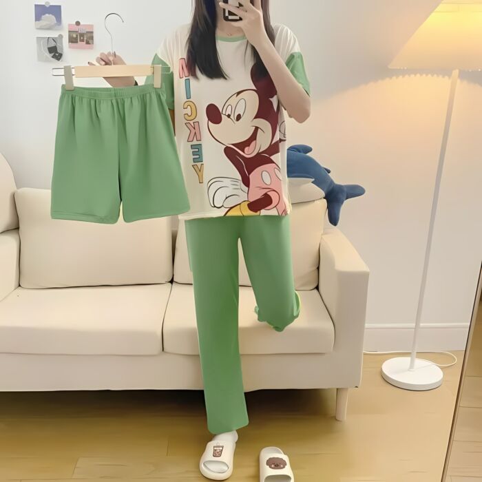 3 Pcs Half Sleeves Printed Pajama Set (Shirt Trouser Shorts) Night Suit For Women. PJs by nightydress.pk