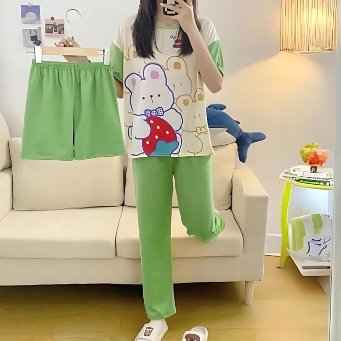 3 Pcs Cute Bear Printed Pajama Set (Shirt Trouser Shorts) Night Suit For Women. PJs by nightydress.pk