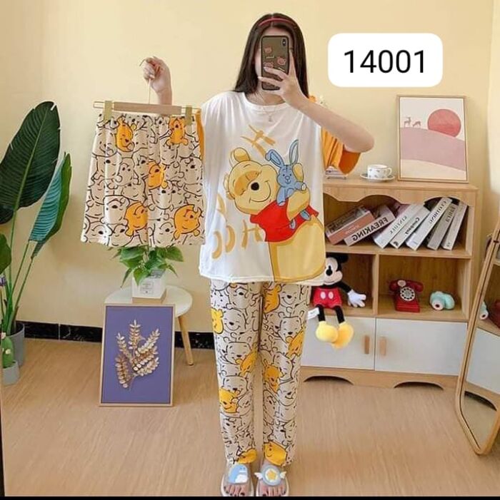 3 Pcs Pooh Bear Summer Printed Pajama Set (Shirt Trouser Shorts) Night Suit For Women. PJs by nightydress.pk