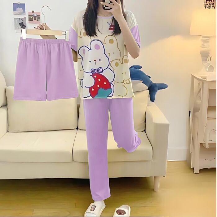 3 Pcs Cute Bear Printed Pajama Set (Shirt Trouser Shorts) Night Suit For Women. PJs by nightydress.pk