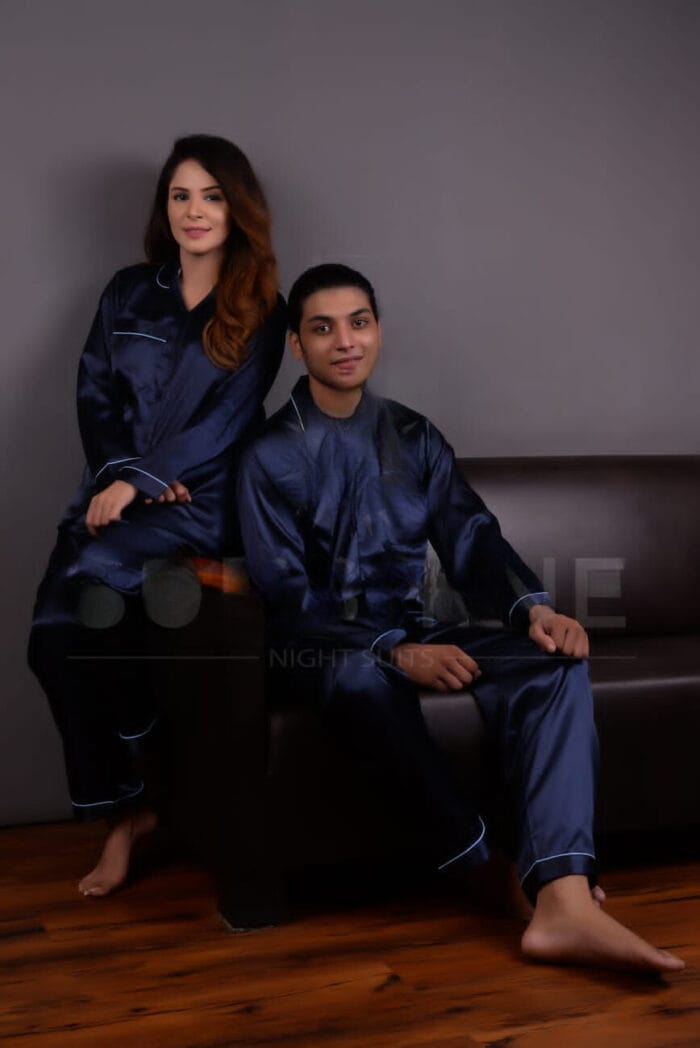 Dark Blue Satin Night Dress for Couple by nightydress.pk